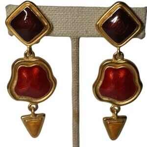 VTG Clip On Earrings Dangle Drop Brushed Goldtone Enameled Colorful